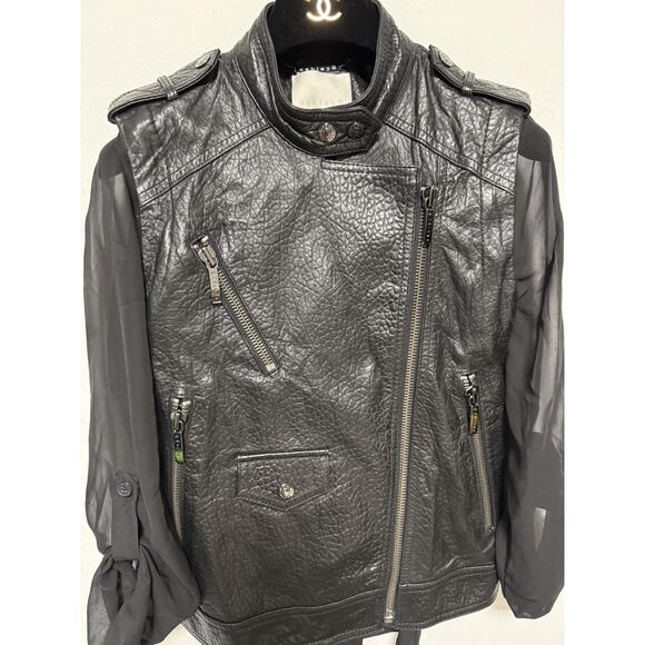 Ashley B Jacket Womens XS Black Mixed Media Leather Moto Asym Zip Sheer Sleeves - Picture 3 of 15